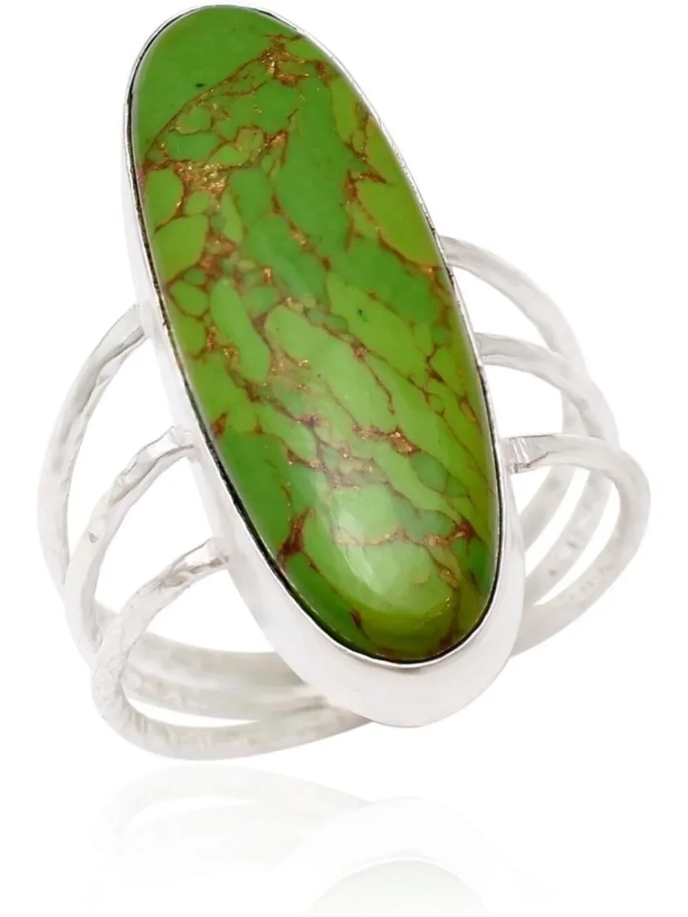 Handmade 925 Sterling Silver Long Oval Statement Ring with Natural Green & Blue
